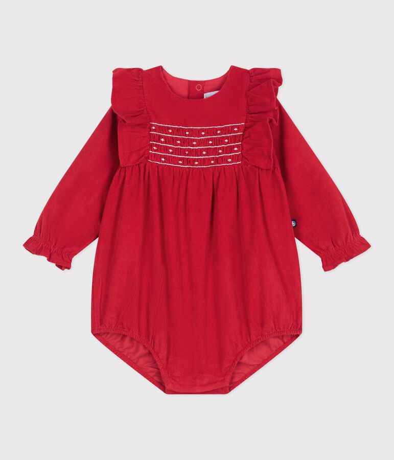 Tutina corta in ciniglia con smock e volant neonata rosso