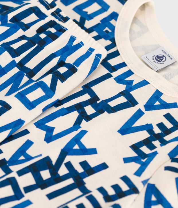 Pigiama bambino unisex in cotone con parole blu ecru/multicolore