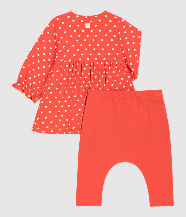 Abito leggings a pois beb&egrave; femmina in cotone biologico arancione/bianco
