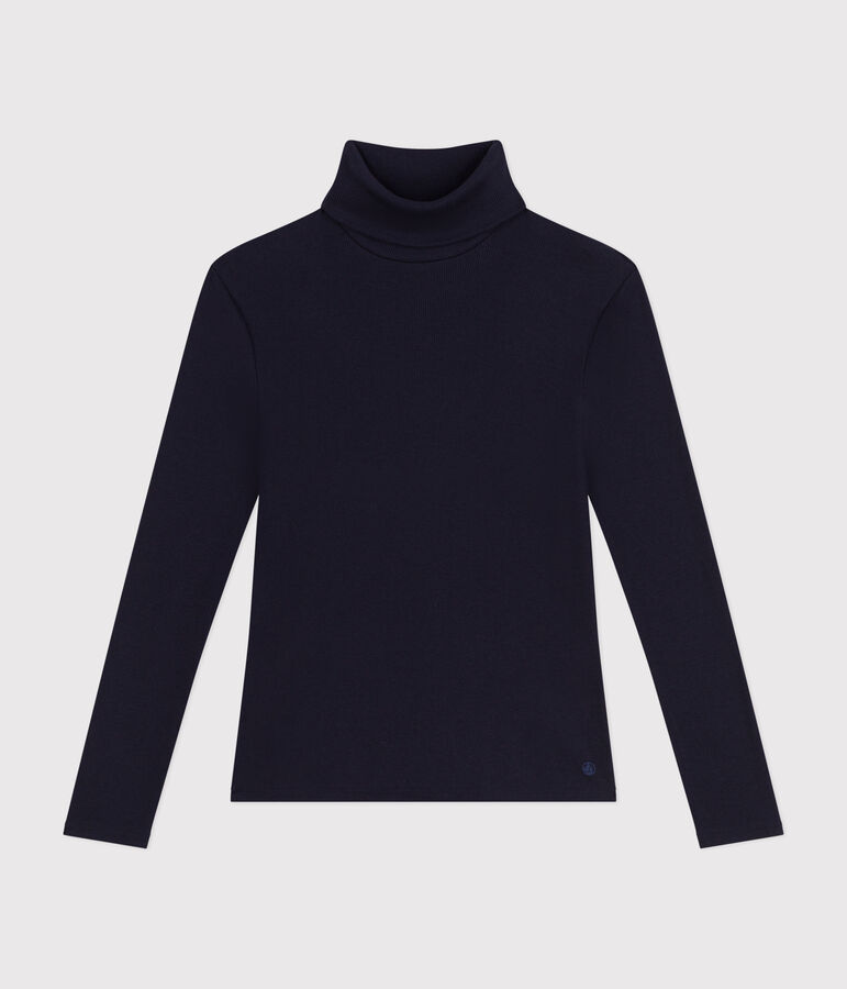 T-shirt L'Iconique donna in costa 2x2 con collo a lupetto blu