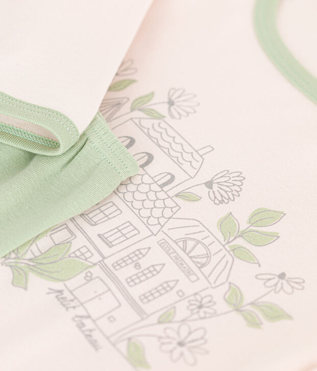 Pigiama bambina a maniche lunghe in cotone beige/verde