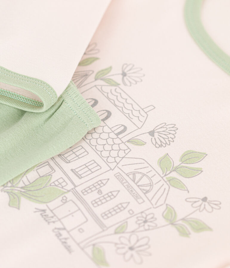 Pigiama bambina a maniche lunghe in cotone beige/verde