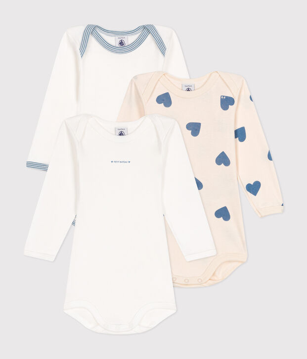 Set di 3 body a maniche lunghe in cotone a cuori blu neonato multicolore