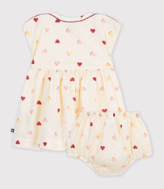 Abito a maniche corte in cotone con stampa a cuori neonata ecru/multicolore