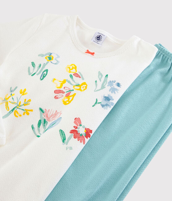 Pigiama fiori primaverili bambina in cotone blu TIKI/bianco MARSHMALLOW