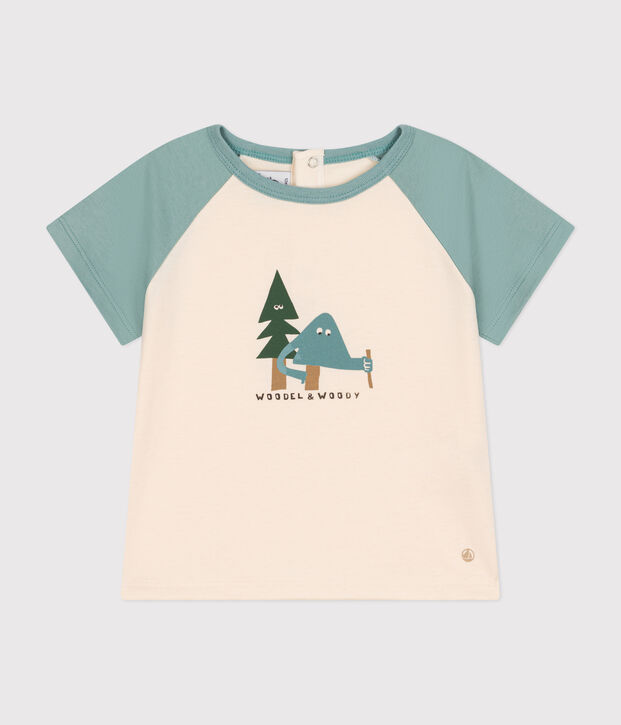 T-shirt a maniche corte in jersey sottile neonato ecru/verde