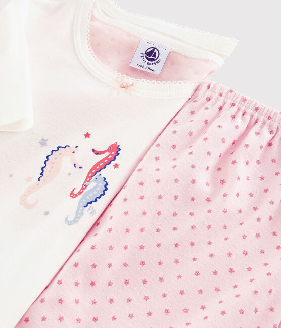 Pigiama corto cavallucci marini bambina in cotone bianco MARSHMALLOW/rosa GRETEL