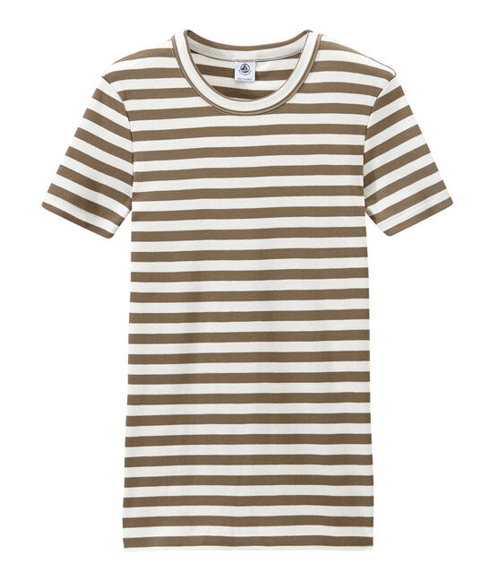 T-shirt donna in costina originale 1x1 rigata marrone SHITAKE/bianco MARSHMALLOW