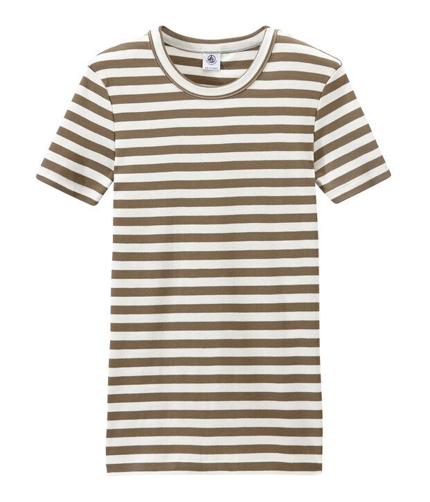 T-shirt donna in costina originale 1x1 rigata marrone/bianco