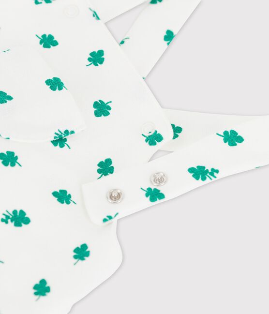 Salopette corta bebè in tessuto felpato biologico con fantasia vegetale. bianco MARSHMALLOW/verde GAZON