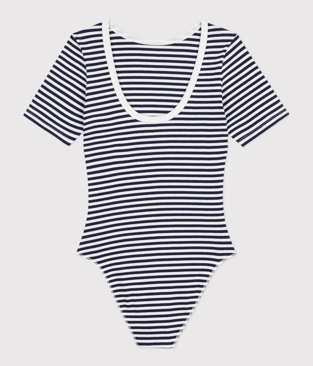Body a maniche corte donna in cotone a righe blu/bianco