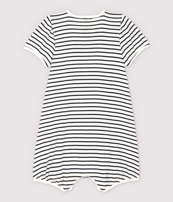 Tutina corta bebè in cotone biologico a righe bianco MARSHMALLOW/blu SMOKING