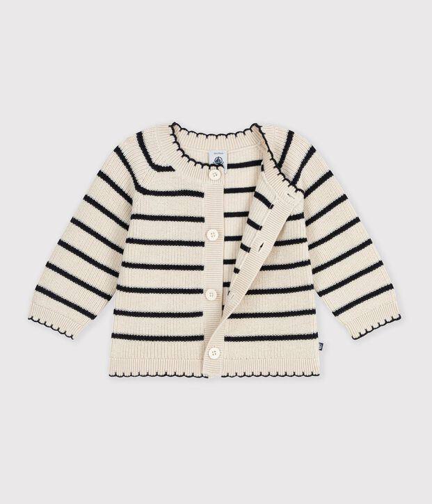 Cardigan in cotone a righe neonata ecru/blu
