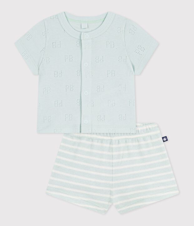 Set corto 2 pezzi in cotone con pantaloni a righe neonato blu/ecru