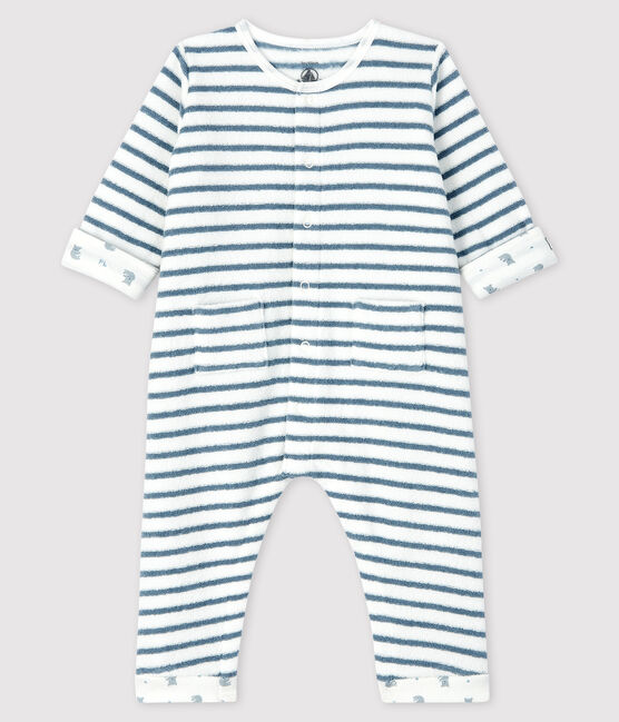 Tutina lunga a righe bebè in spugna bouclette grattata bianco MARSHMALLOW/blu ASTRO