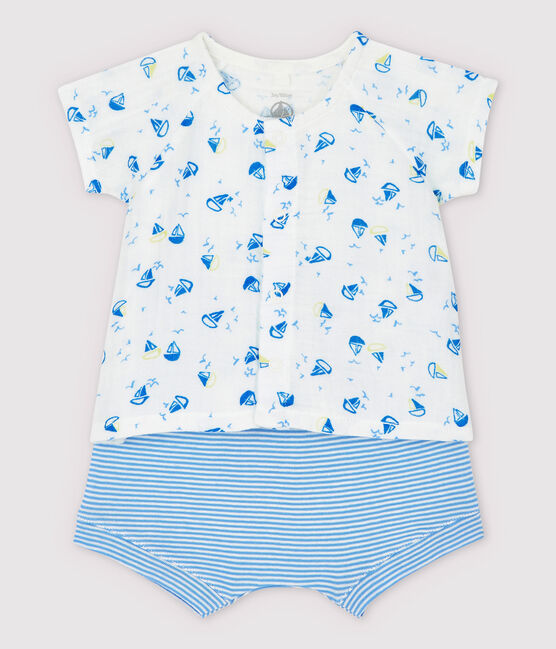 Completo 2 pezzi blu bebè maschio in tessuto goffrato e cotone biologico bianco MARSHMALLOW/bianco MULTICO