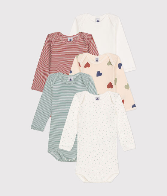 Confezione da 5 body bebè a maniche lunghe in cotone con tre cuori variante 1