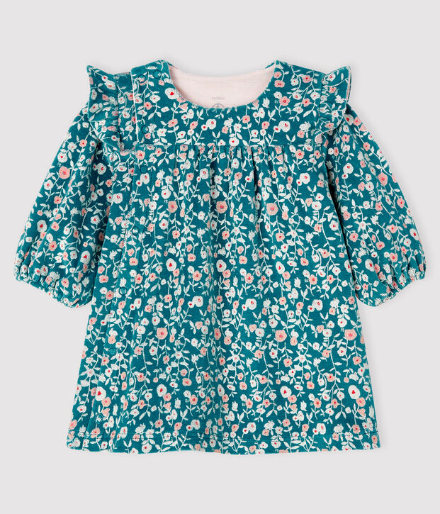 Abito a maniche lunghe da neonata a fiori in velluto verde/multicolore