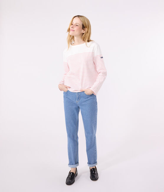 Marinière a maniche lunghe in cotone donna bianco MARSHMALLOW/rosa CHARME