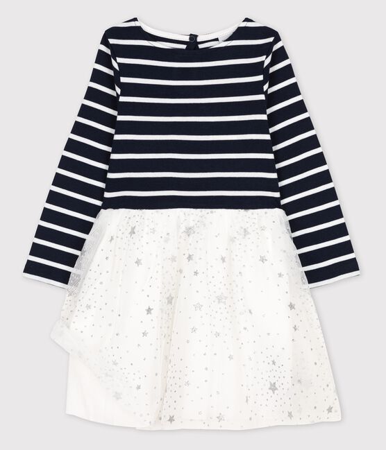 Abito bambina a maniche lunghe in cotone e tulle blu SMOKING/bianco MARSHMALLOW