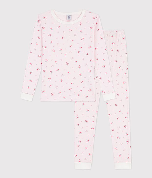 Pigiama bambina molto aderente in cotone con stampa a fiori rosa/multicolore