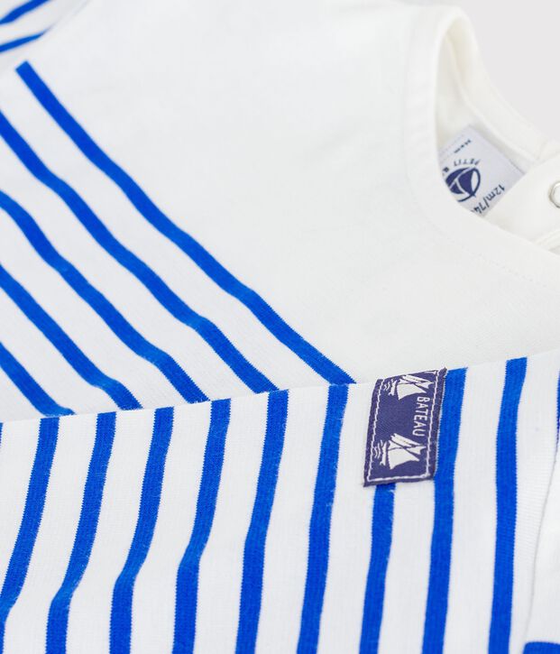 T-shirt marini&egrave;re a maniche lunghe in cotone neonato bianco/blu