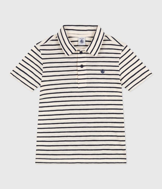 Polo a maniche corte in cotone a righe bambino ecru/blu
