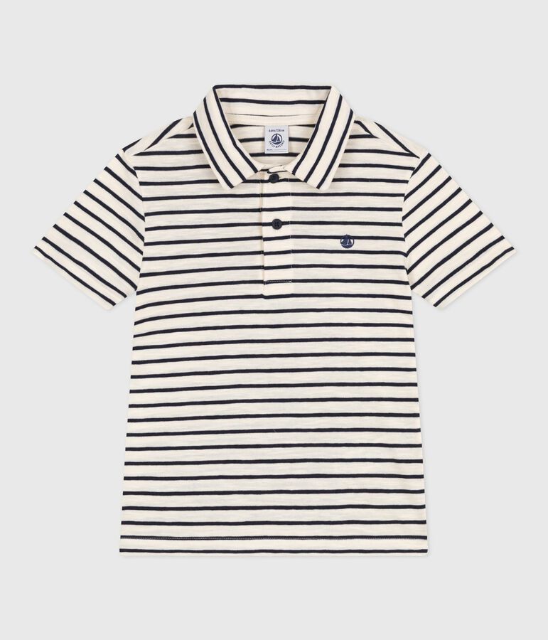 Polo a maniche corte in cotone a righe bambino ecru/blu