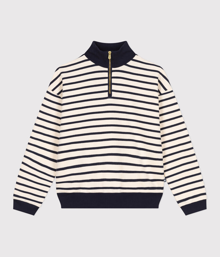 Maglia con mezza cerniera in tessuto felpato spazzolato donna ecru/blu