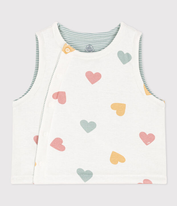 Gilet senza maniche beb&egrave; double face in cotone a cuori bianco/multicolore
