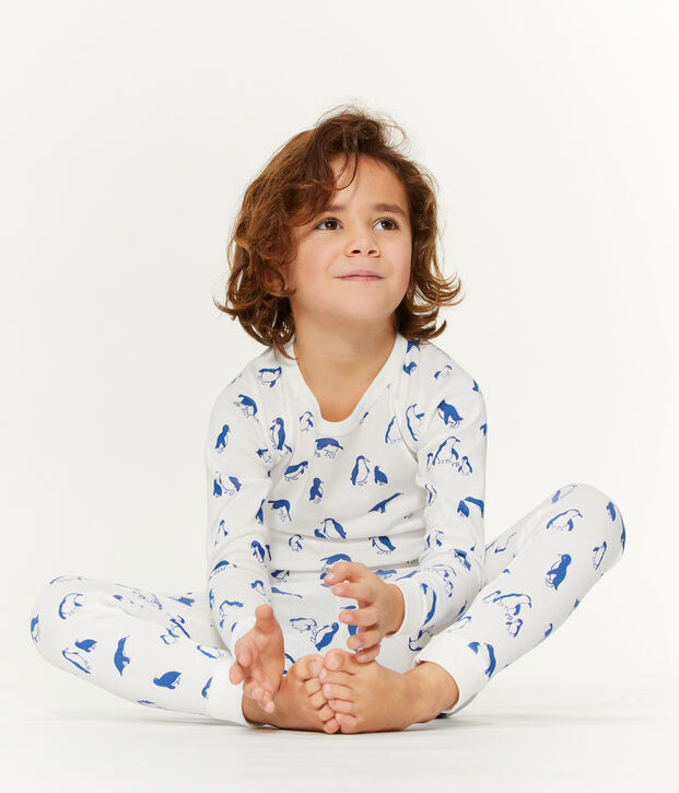 Pigiama unisex in spugna bouclette grattata, super calda bianco/blu