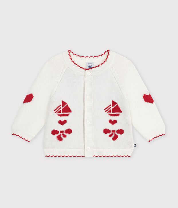 Cardigan in maglia di lana e cotone con motivi jacquard neonato bianco/rosso