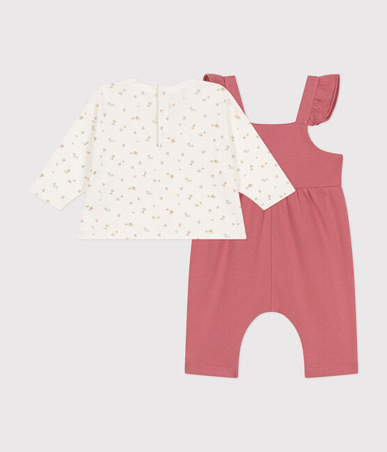 Set composto da salopette in tessuto felpato e T-shirt in cotone neonato rosa ROSEWOOD/ MULTICO