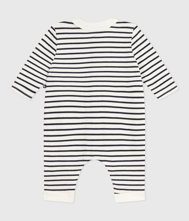 Tutina in cotone con stampa a righe marini&egrave;re e colletto neonato bianco/blu