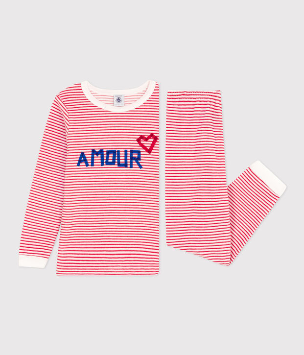 Pigiama bambino unisex in ciniglia a righe bianco/rosso