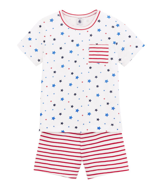 Pigiama corto bambino stampato e rigato bianco MARSHMALLOW/bianco MULTICO