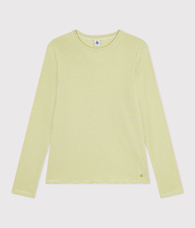 T-shirt a maniche lunghe in cotone a righe donna verde/bianco