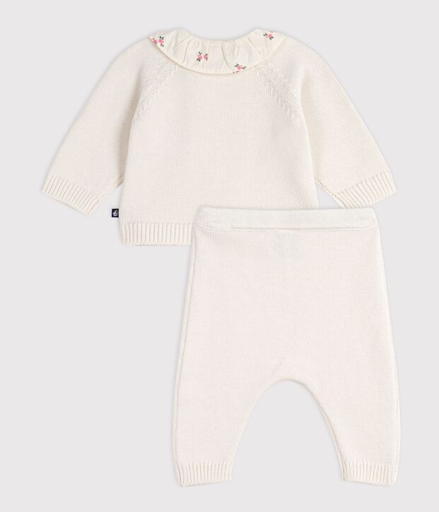Completo 2 pezzi in misto lana e cotone e colletto a fiori neonato bianco
