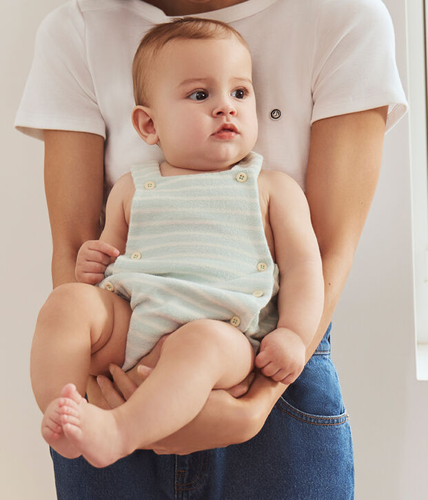 Pagliaccetto in spugna di cotone a righe neonato blu/ecru