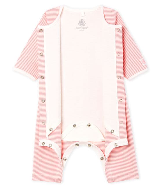 Bodyjama senza piedi bebè femmina a costine rosa CHARME/bianco MARSHMALLOW