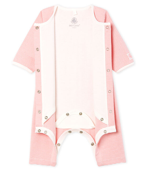 Bodyjama senza piedi bebè femmina a costine rosa CHARME/bianco MARSHMALLOW