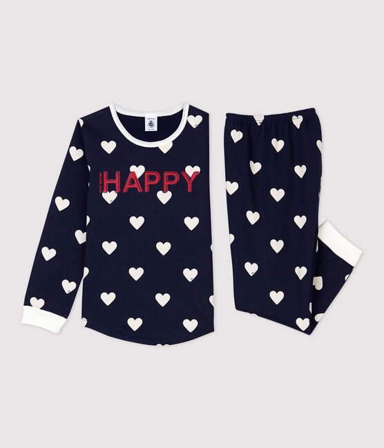 Pigiama bambina/bambino fantasia a cuori in molleton blu SMOKING/bianco MARSHMALLOW