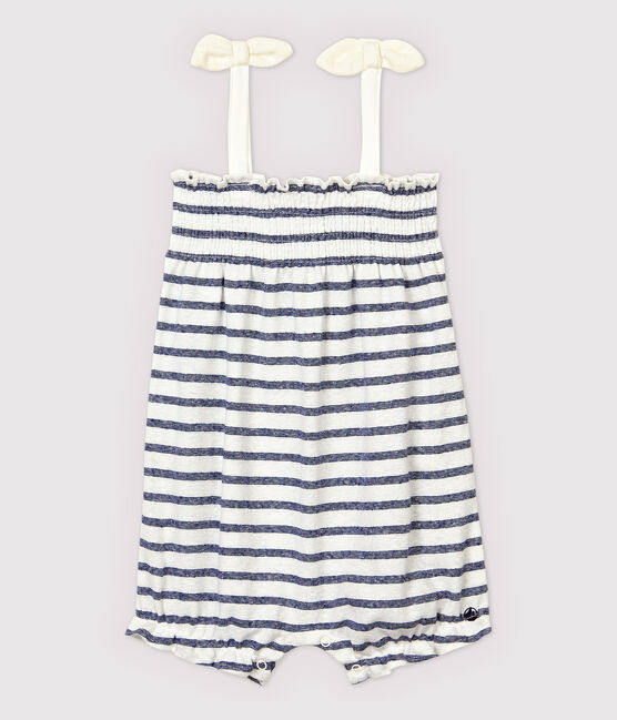 Tutina corta  in cotone a righe bebè femmina bianco MARSHMALLOW/blu MEDIEVAL