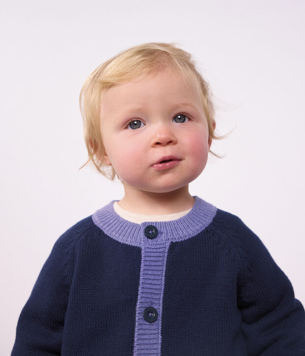 Cardigan in maglia di misto lana e cotone con motivo jacquard a cuori neonata blu/multicolore