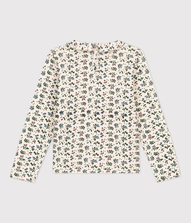 T-shirt bambina a maniche lunghe in cotone a fiori ecru/multicolore