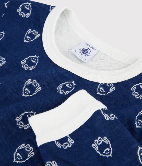 Pigiama jacquard yeti in lana e cotone bambino blu MEDIEVAL/bianco MARSHMALLOW