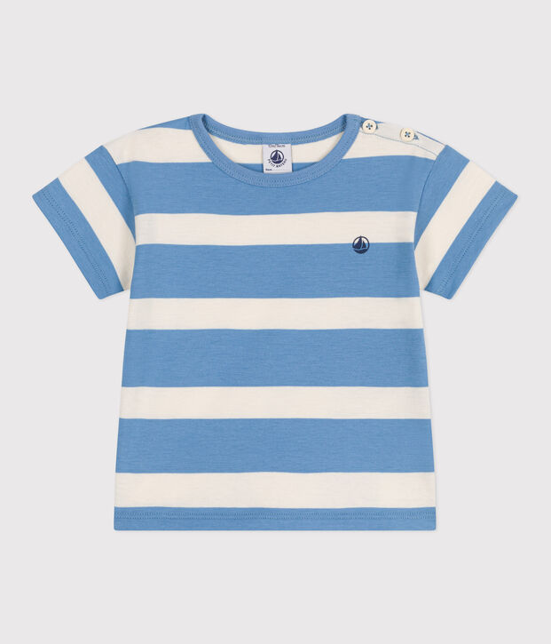 T-shirt a maniche corte in cotone a righe neonato blu/ecru