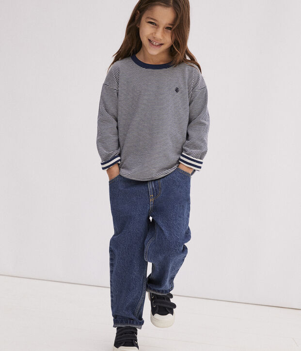T-shirt bambino a maniche lunghe in tubique blu/beige