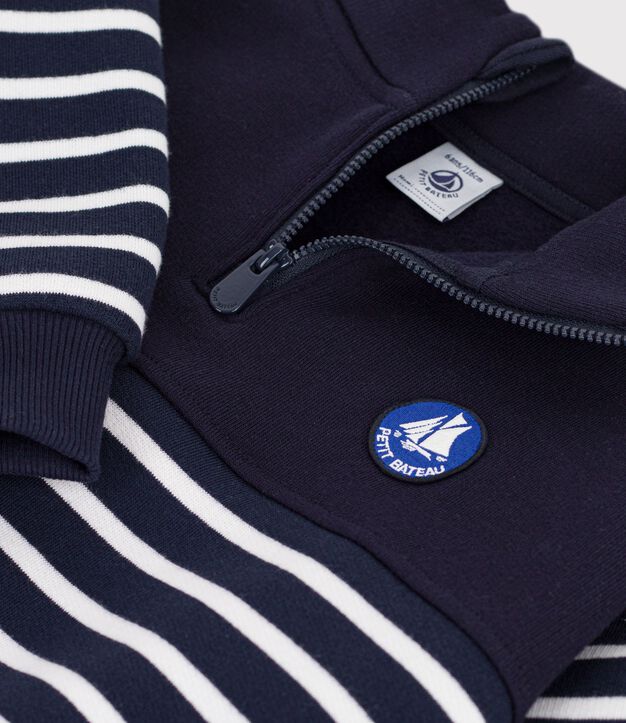 Felpa con mezza cerniera in cotone a righe bambino blu/bianco