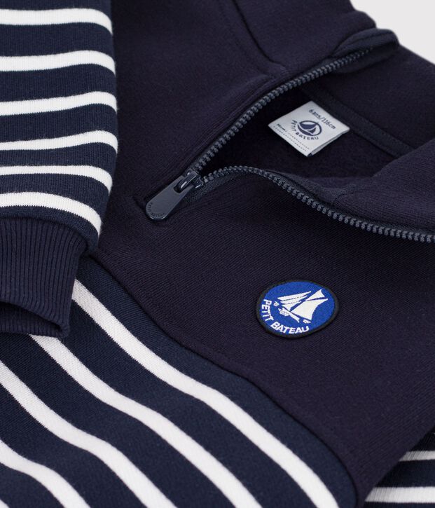 Felpa con mezza cerniera in cotone a righe bambino blu/bianco